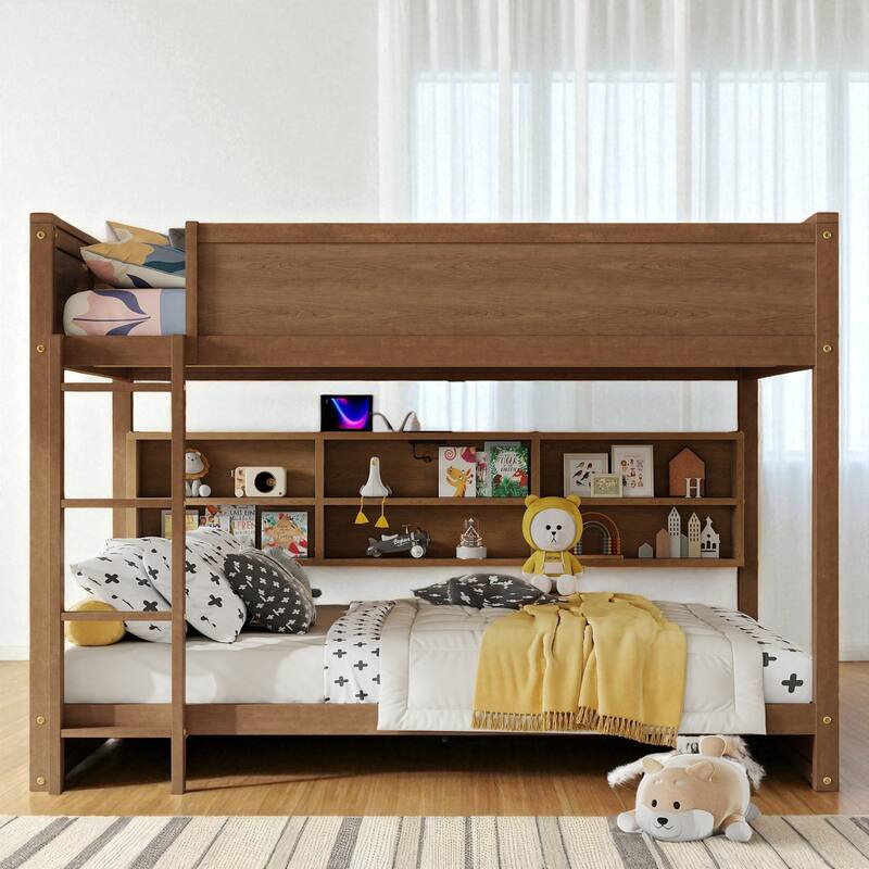 Queen Over Queen Bunk Bed with Storage Cabinets, Charging Station, Ladder and Guardrails, Solid Pine Wood Frame