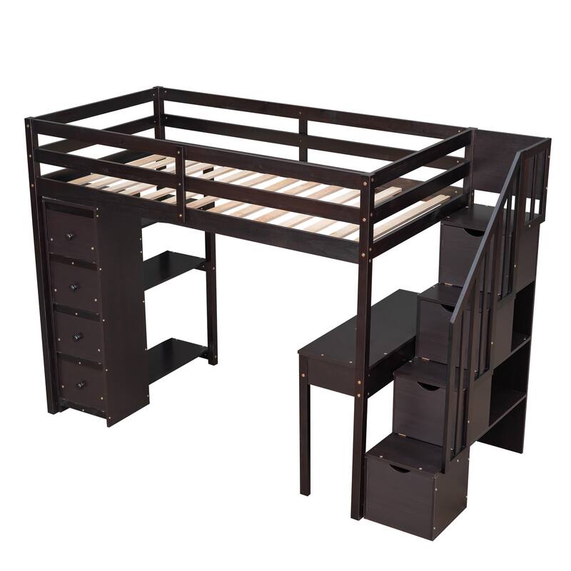Twin Size Loft Bed with Storage, Desk, Stairs, and Shelves in Espresso Finish
