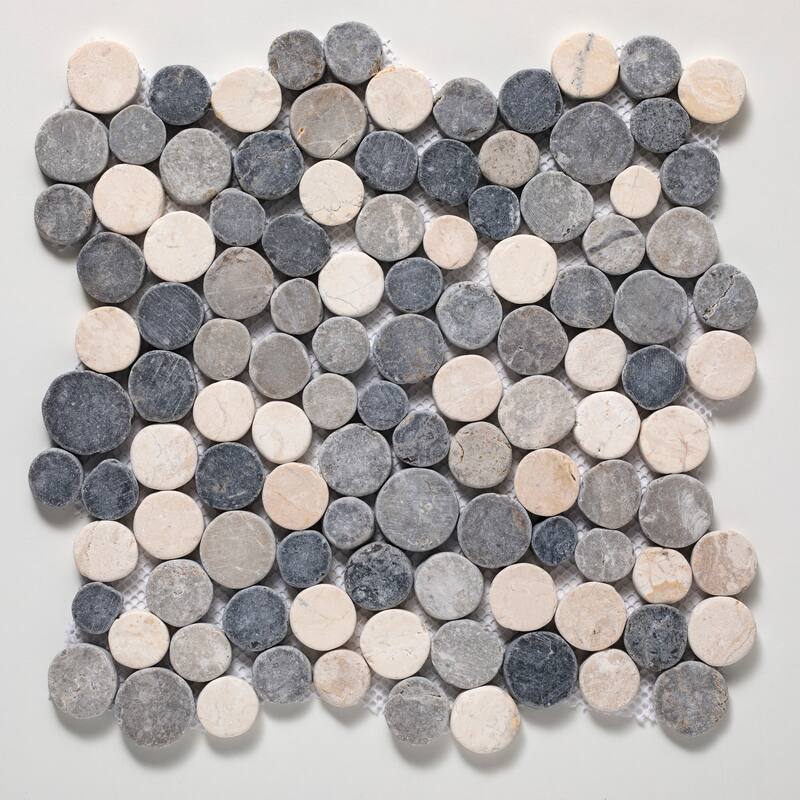 Penny Rounds 11 in. x 11 in. Honed Marble Mesh-Mounted Mosaic Wall and Floor Tile - Light Grey, Grey & Off-White - 11 in. x 11 in.
