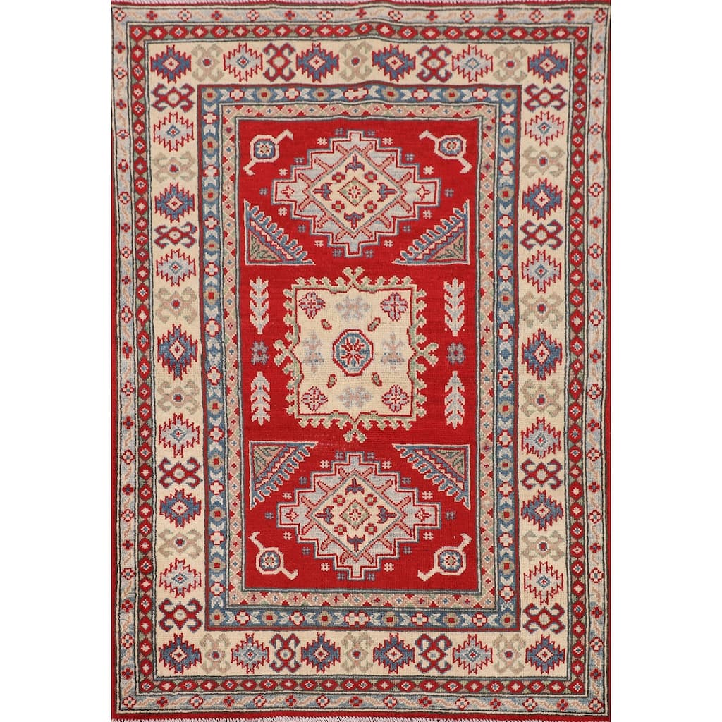 Red Geometric Kazak Accent Rug Hand-Knotted Wool Carpet - 3'4" x 4'11"