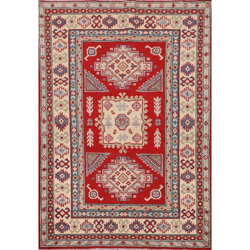 Red Geometric Kazak Accent Rug Hand-Knotted Wool Carpet - 3'4" x 4'11"