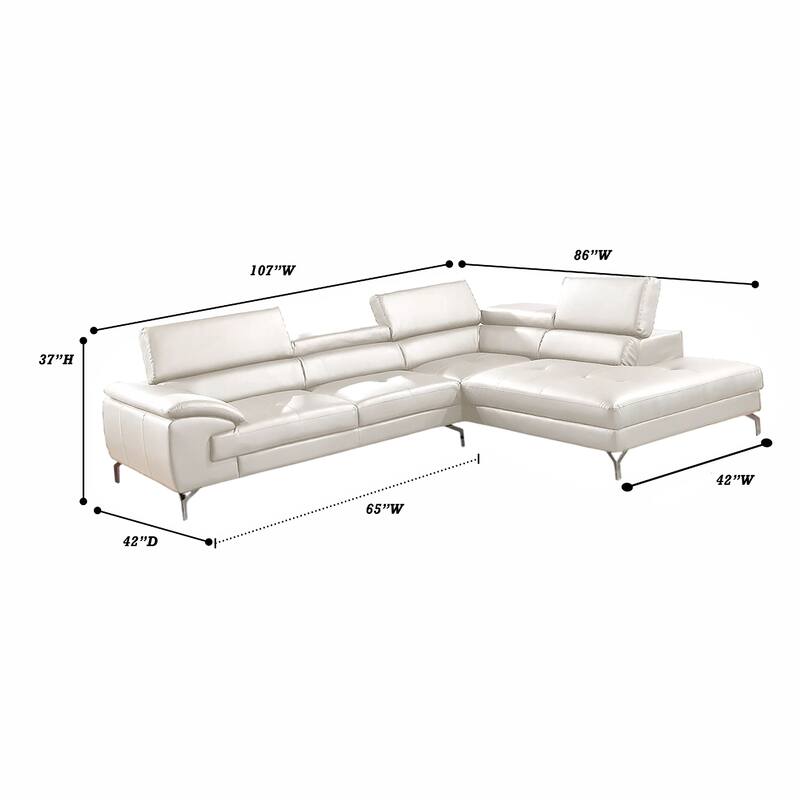 Doel 2pc Sectional Sofa Set w Right Facing Chaise, White Faux Leather
