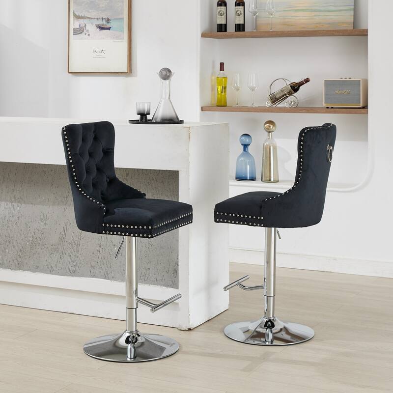 Thick Chrome Swivel Velvet Barstools,Adjustable Height,Modern Upholstered,Sponge&Spring（Set of 2)