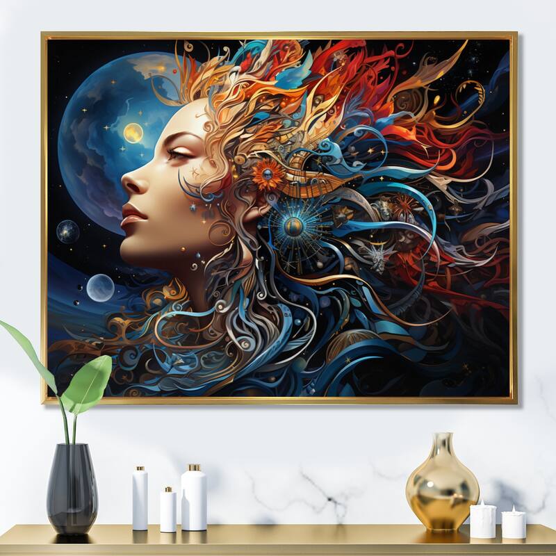 Designart "Surrealism Cosmic Surrender" Surrealism Framed Canvas Prints - 20 in. wide x 12 in. high - Gold