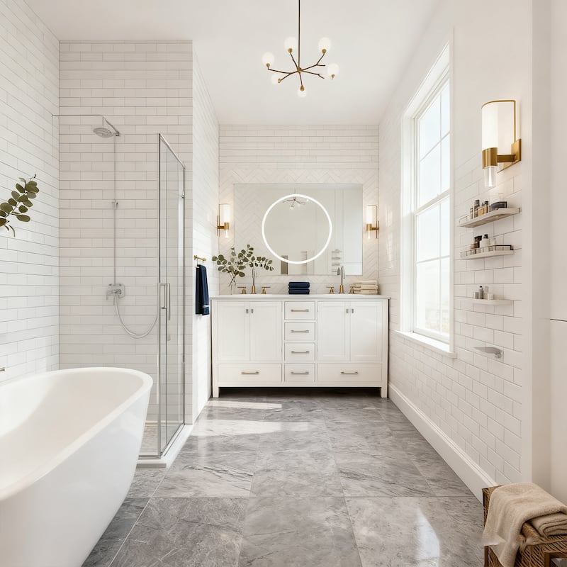 Nephelily 60 inch Transitional White Bathroom Vanity, Double Sinks