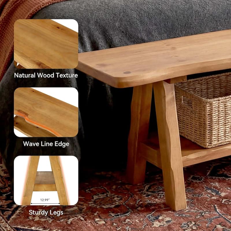 55-Inch Solid Wood Entryway Bench Indoor, Farmhouse Long End of Bed Bench with Live-Edge - 55.1" W x 13.8" D x 17.7" H