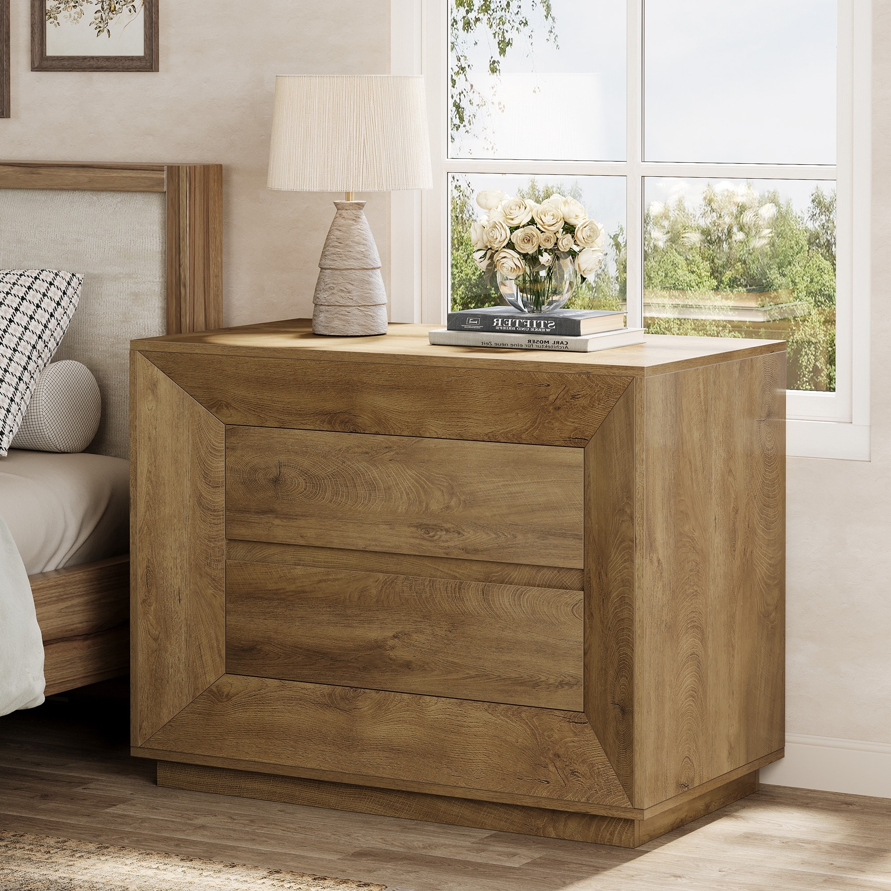 35.43" W Oversized Nightstand, Oak Large Night Stand with Drawers