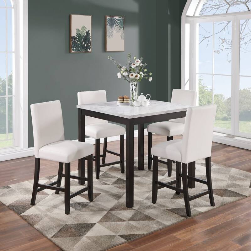 5 Piece Counter Height Dining Set Kitchen Dinette Faux Marble Top Table and 4x High Chairs - White