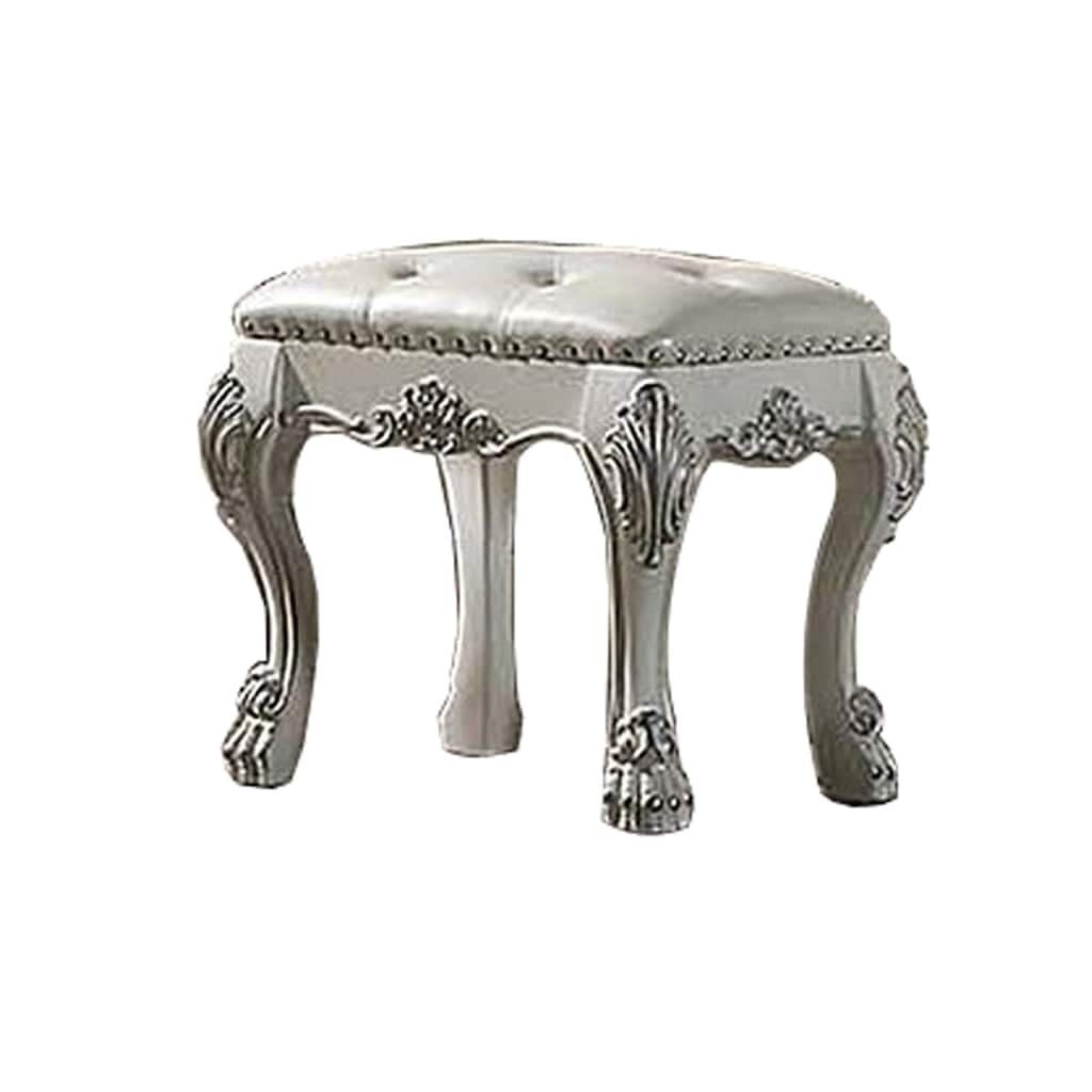 Aurora 20 Inch Carved Wood Vanity Stool, Faux Leather, Claw Feet, White