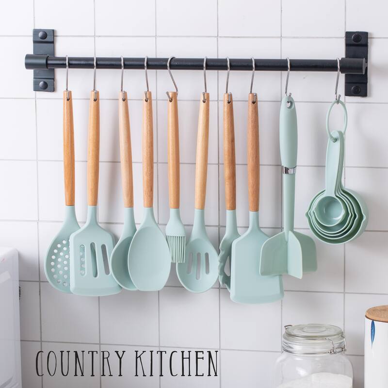 Country Kitchen Non Stick Silicone Utensil Set with Rounded Wood Handles for Cooking and Baking, 38 Piece Set