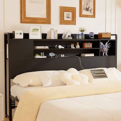 Storage Headboards with Power Outlet and LED Light, Head board with Storage Shelves for Bed Frame