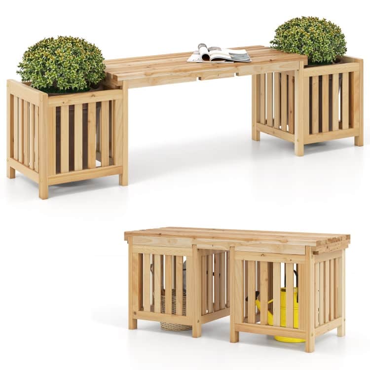 Natural Fir Wood Outdoor Bench with Planters 2-in-1 Patio Seating - 68" x 16" x 19"