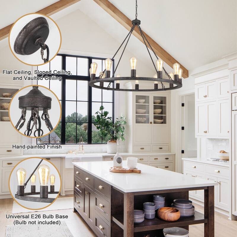 12-Light Circel Candlestick Wagon Wheel Chandelier Hanging Linear Chandelier Lighting for Kitchen Island