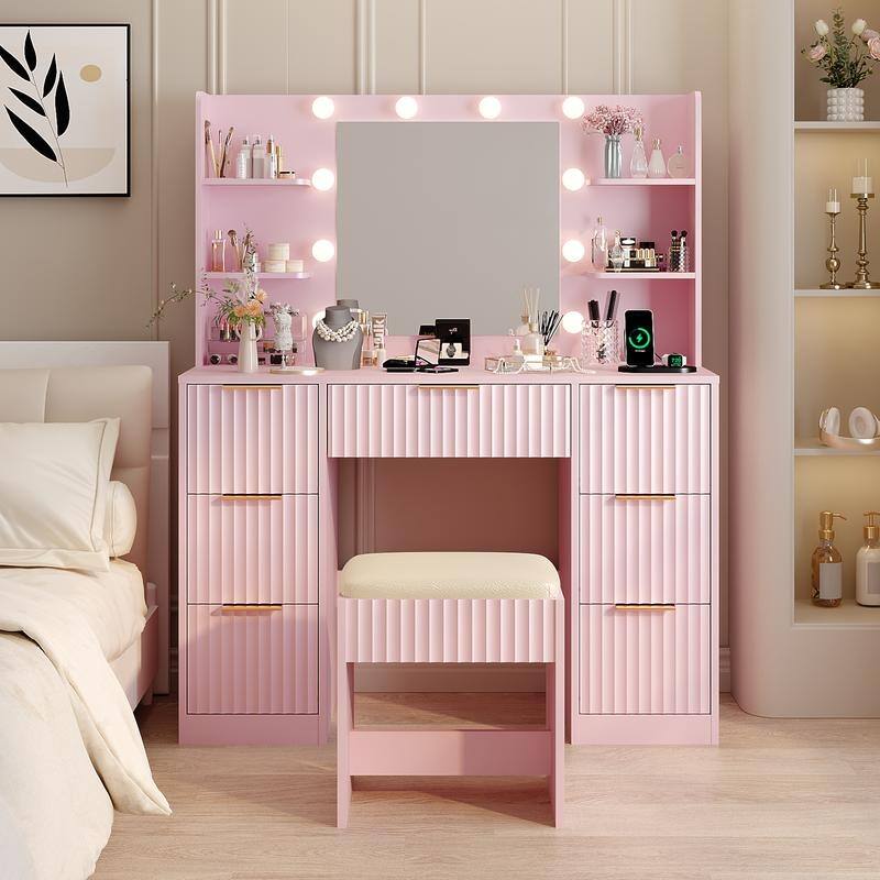 Particle Board Laminated with Textured Melamine, 7-Drawer 4-Tier Shelf, with 10 Three-Color Dimmable Bulbs, Dressing Table Set