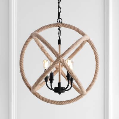 Isabelle 4-Light 20" Adjustable Globe Metal/Rope LED Pendant, Black/Brown by JONATHAN Y