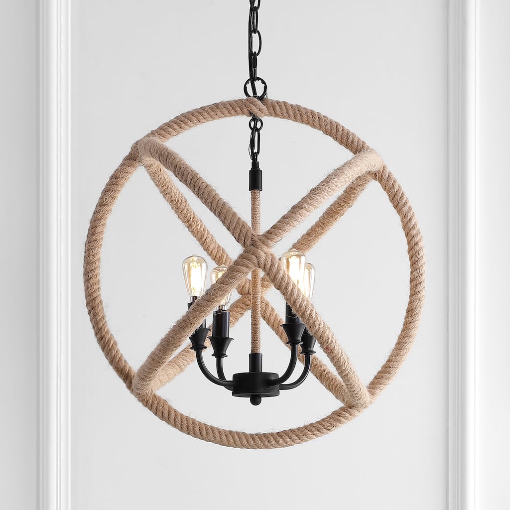 Isabelle 4-Light 20" Adjustable Globe Metal/Rope LED Pendant, Black/Brown by JONATHAN Y