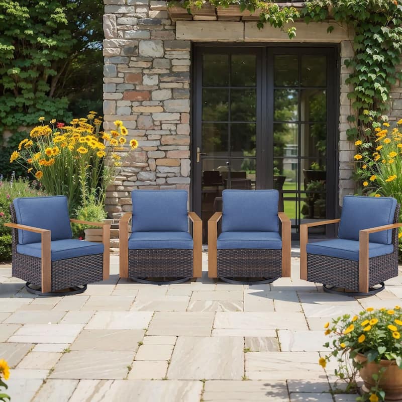 Pocassy 4 Pieces Outoor Swivel Chairs Glider Chair Set - Blue cushion - Brown Wicker