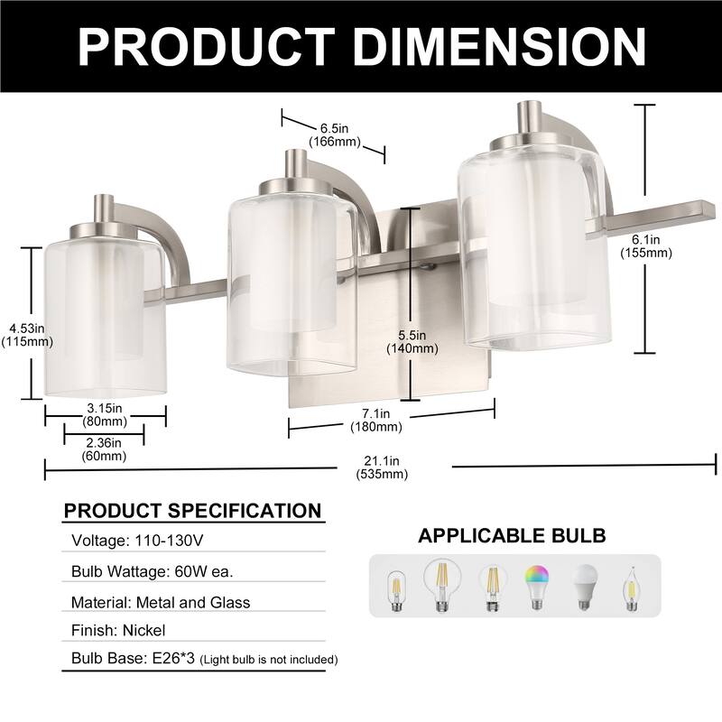 YANSUN 21.1 in. 3-Light Brushed Nickel Vanity Light Fixtures for Bathroom with Clear Glass Shades - OA-JQ32101CNK-3A**