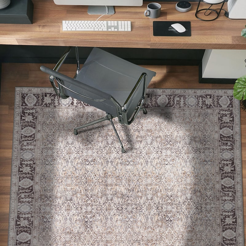 Beige Vintage Washable Rug - Low Pile, Subtle Pattern for Neutral Spaces - Gray - 4' x 6'