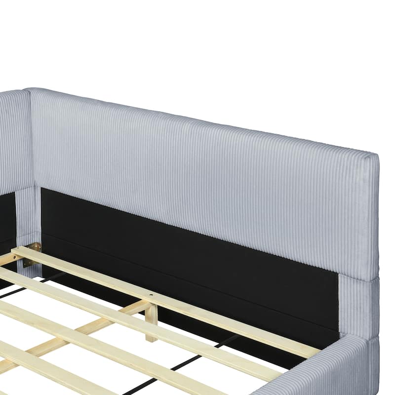 L-Shaped Backrest Bed Frame, Corduroy Upholstered Daybed, Wood Low Profile Panel Bed for Bedroom