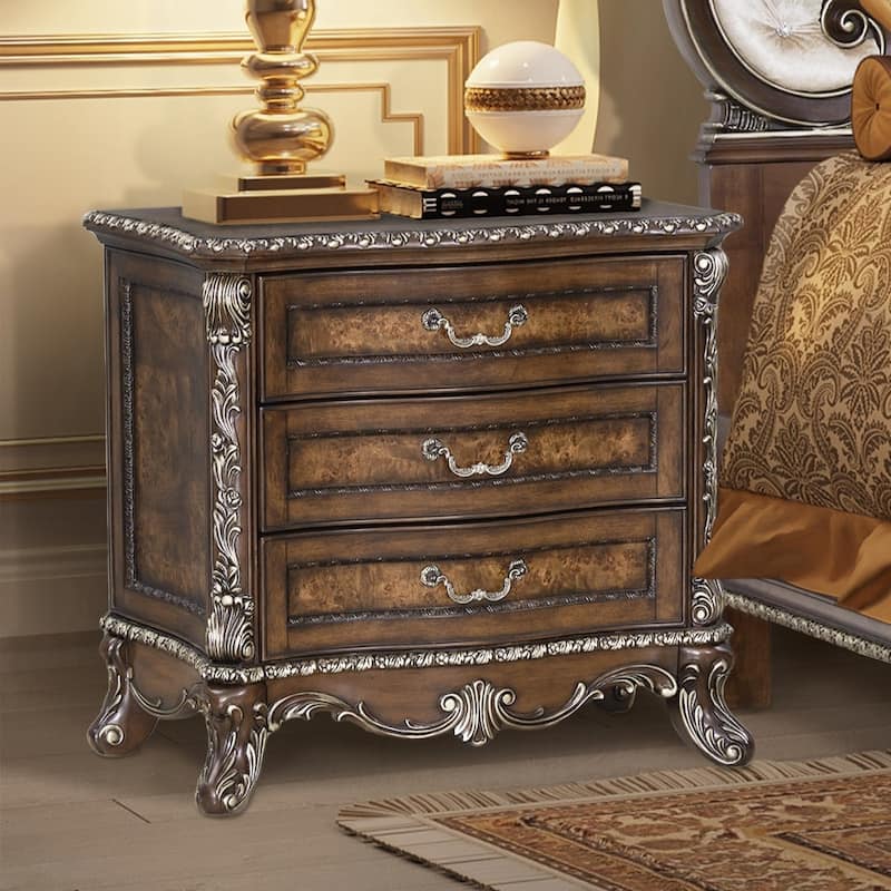 3 Drawers Nightstand with Floral Trim in Cherry Finish