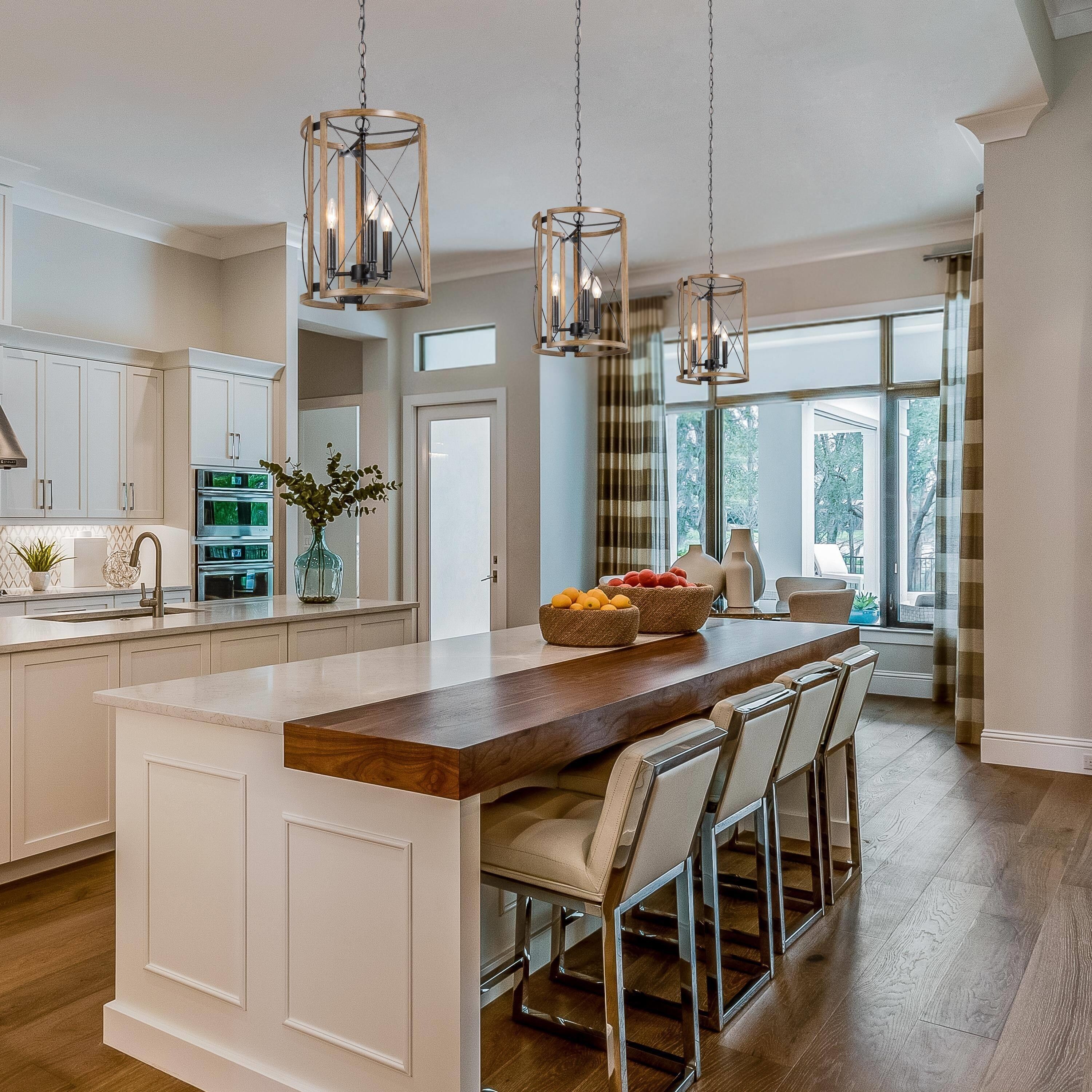 Modern Black Wood Cylinder Pendant Farmhouse Foyer Lights for Kitchen Island