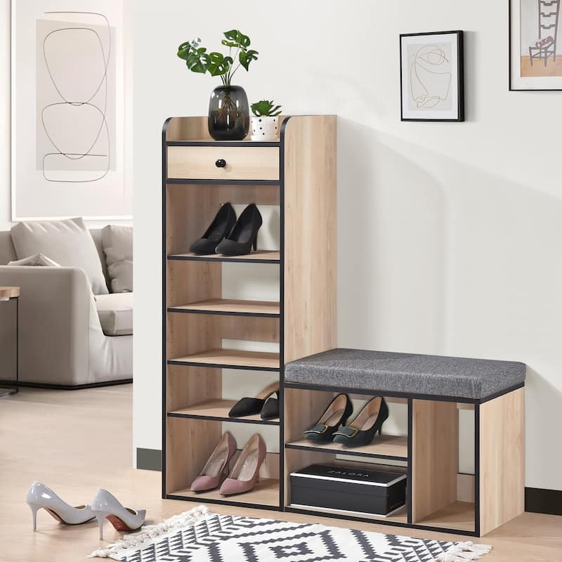 Julian Wood Bench and Shoe Rack with Drawer and Shelves - Oak With Black Edge