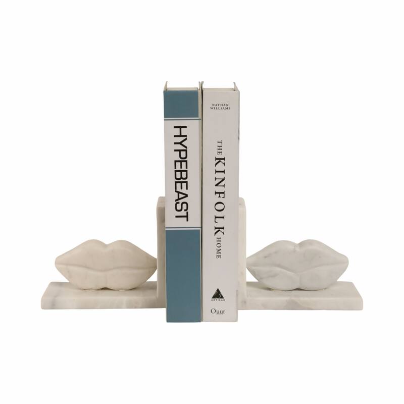 Modern Marble Lips on Base Decorative Bookends - Set of 2, 6", White - 6.0"
