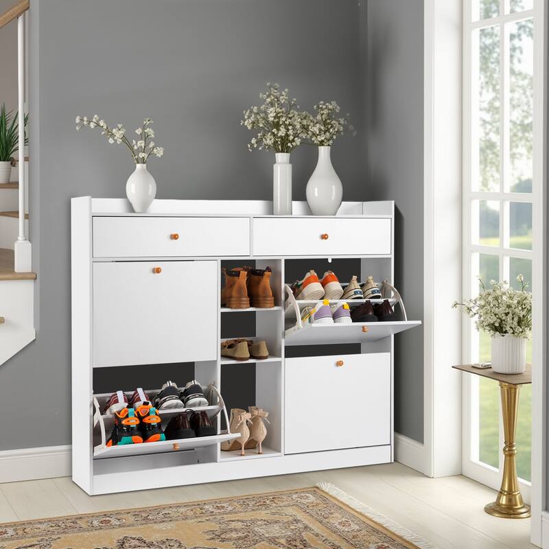 White Shoe Cabinet with 4 Drawers and Storage Compartments for Entryway Hallway Organization - 50.39”W x 9.84”D x 42.13”H