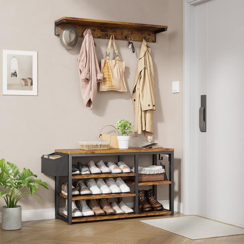 Industrial Hall Tree with 6 Hooks, Entryway Bench with Shoe and Coat Racks - Retro