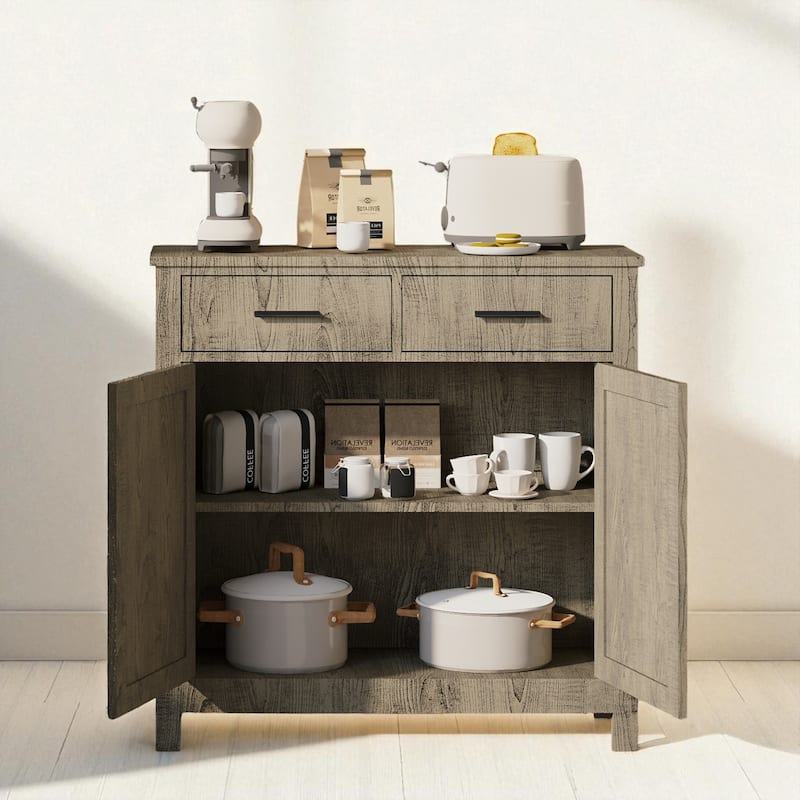 Modern Farmhouse Kitchen Sideboard with 2 Drawers and Double Doors, Buffet Storage Cabinet Coffee Bar for Dining Room.