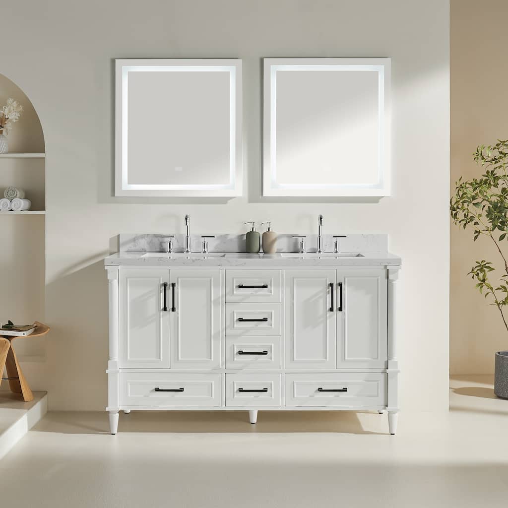 GDFStudio - Modern 60" Freestanding Bathroom Vanity with Dual Engineered Carrara Marble, Fully Assembled