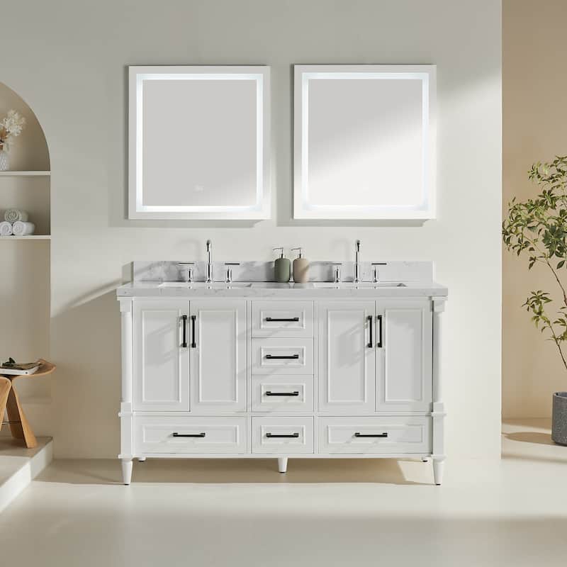 GDFStudio - Modern 60" Freestanding Bathroom Vanity with Dual Engineered Carrara Marble, Fully Assembled - White