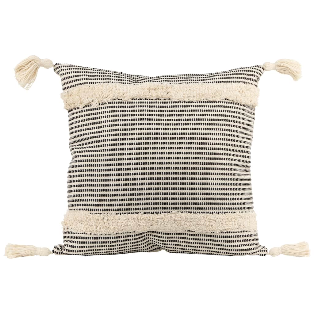 17" Beige and Black Striped Square Throw Pillow with Tassels