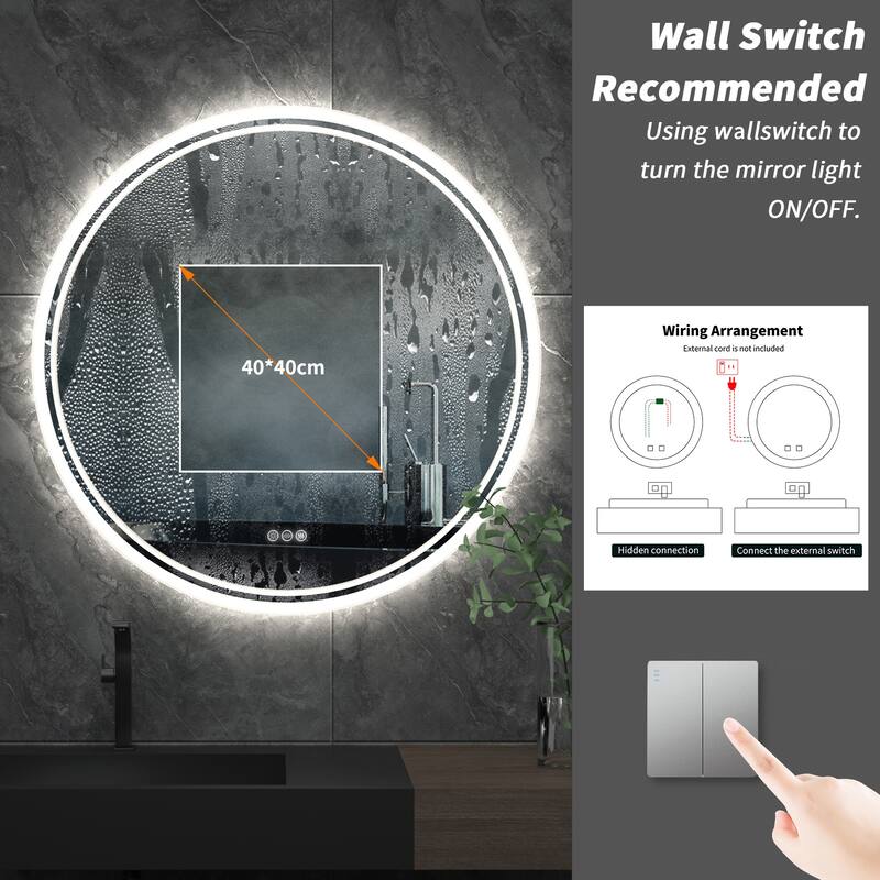 Smart LED Backlit Bathroom Large Round Mirror Anti-Fog 3 Colors Touch