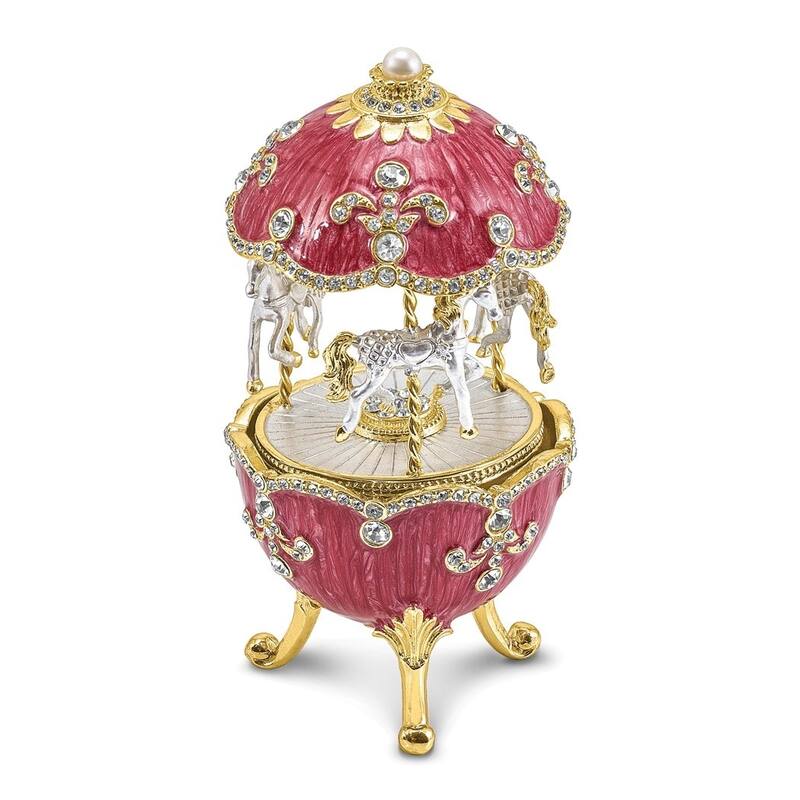 Curata Pewter Crystals Gold-Tone Enameled Carousel (Plays ItS a Small World) Musical Egg Figurine on 18 Inch Necklace