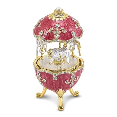 Curata Pewter Crystals Gold-Tone Enameled Carousel (Plays ItS a Small World) Musical Egg Figurine on 18 Inch Necklace