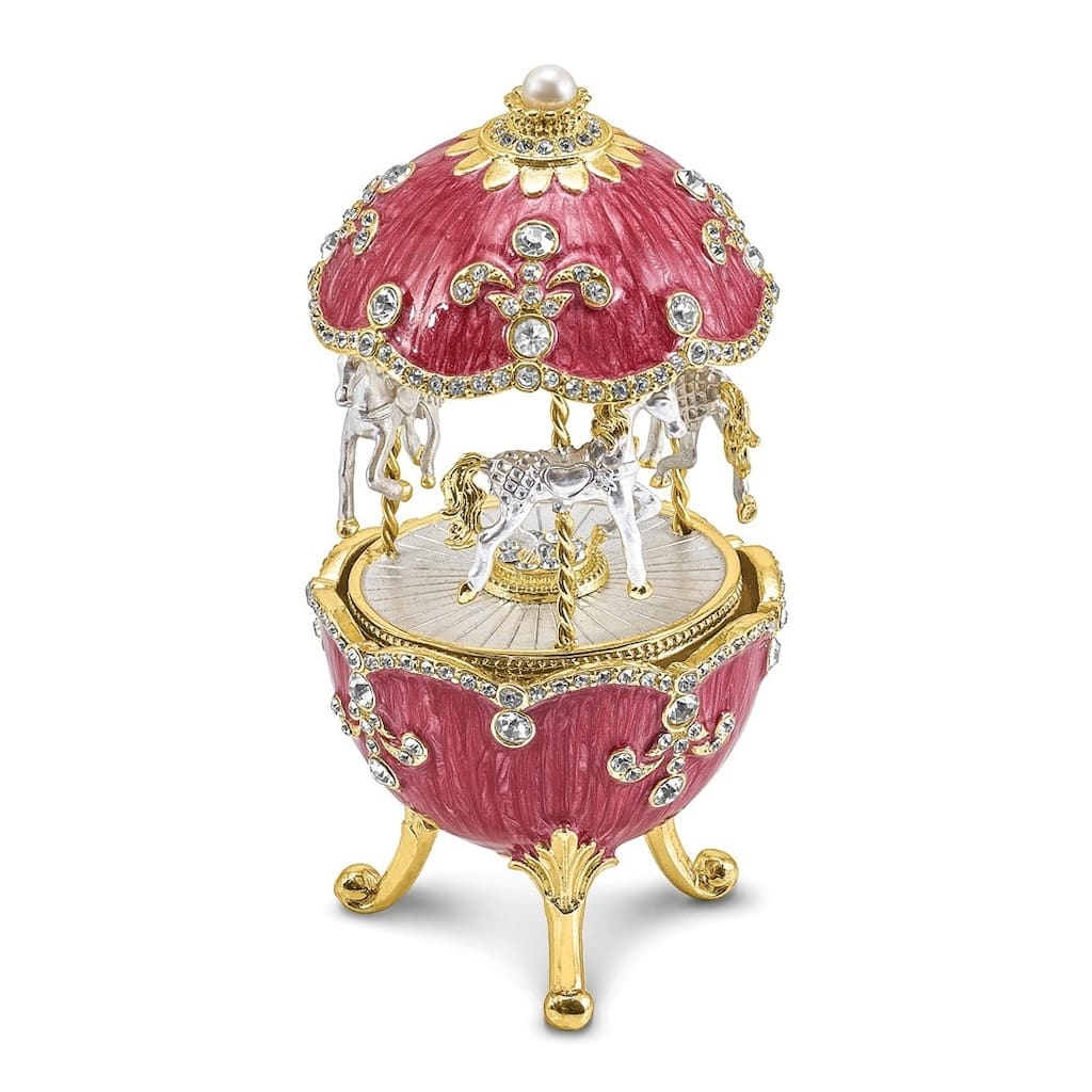 Curata Pewter Crystals Gold-Tone Enameled Carousel (Plays ItS a Small World) Musical Egg Figurine on 18 Inch Necklace