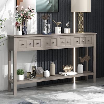 Entryway Console Table with 2 Different Size Drawers, 60" Long Solid Wood Sofa Table, Bottom Shelf and Wide Desktop