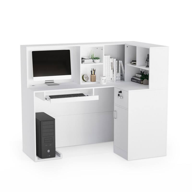 L-Shaped Modern Reception Desk Front Desk with Moveable Shelves and Lockable Drawers