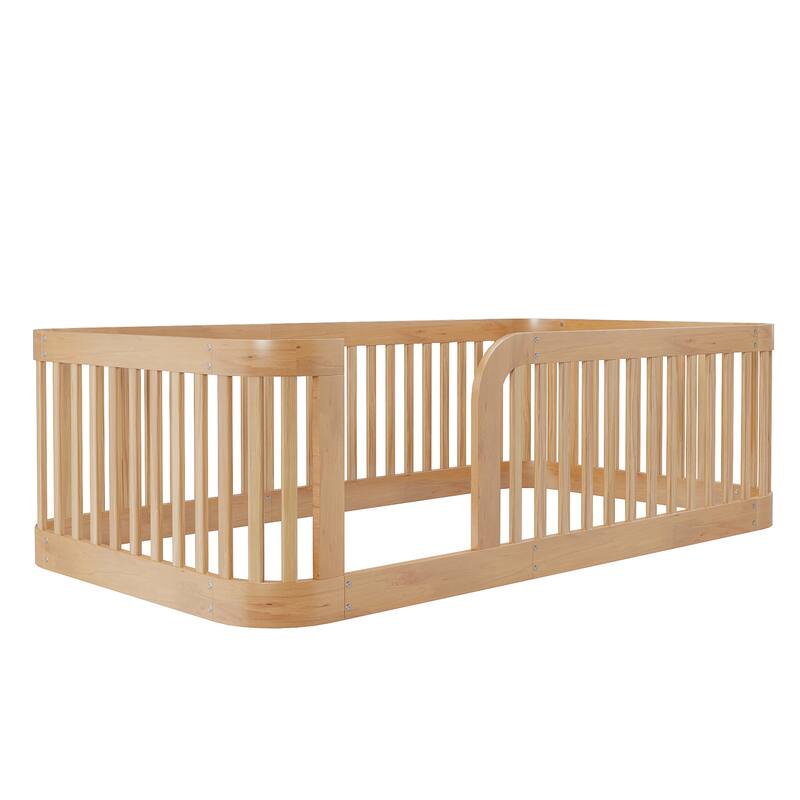 Wood Twin/Full Size Wood Floor Bed Frame with Fence