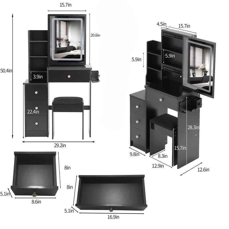 Dressing Table Set, 29.2" Vanity w/ LED Mirror, Charging Station,Stool