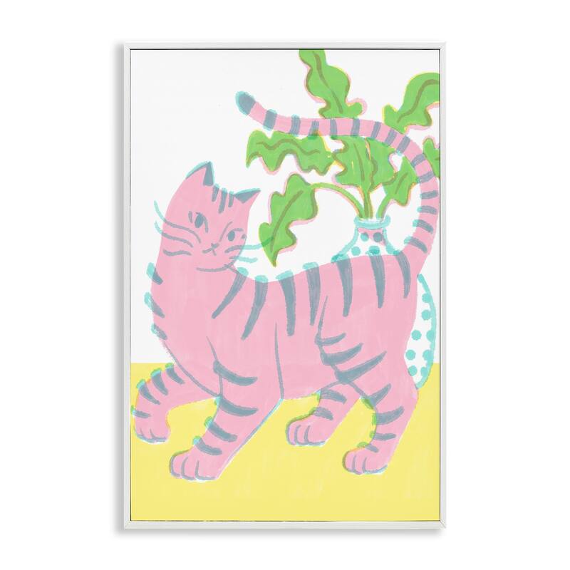 Stupell Pink Cat & House Plant Framed Giclee Art Design By Hannah Moren - 16 x 24 - White