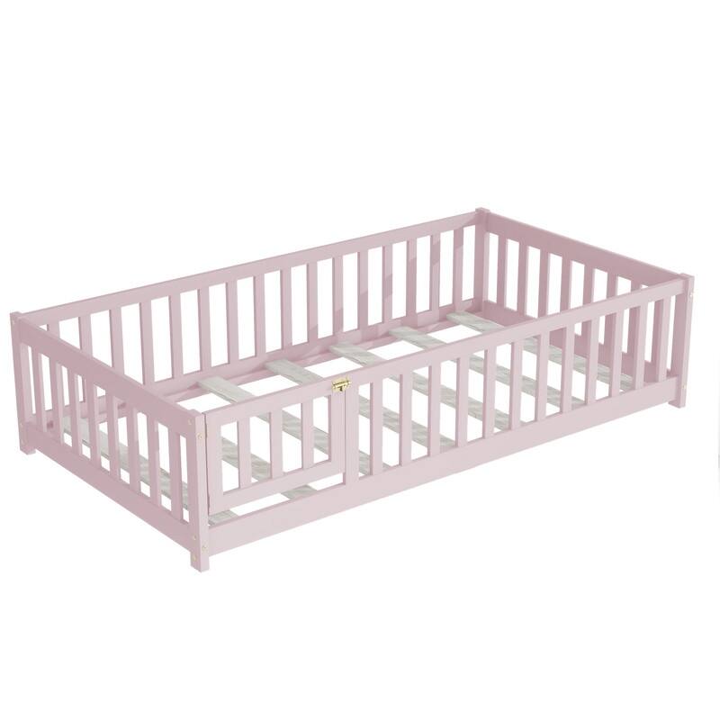 Twin Size Rubber Wood Floor Bed with Fence and Door, Safety Guardrails