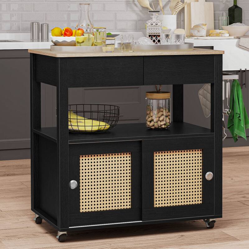 Moasis Rattan Rolling Kitchen Island with Storage Cabinet - 32.2"L x19.5"W x 35"H
