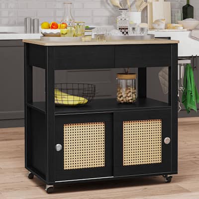 Moasis Rattan Rolling Kitchen Island with Storage Cabinet - 32.2"L x19.5"W x 35"H