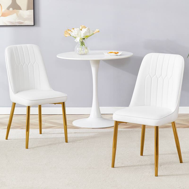 2 modern dining chairs, sleek PU leather backrest, and gold metal legs bring a comfortable home experience to the kitchen - White+Gold