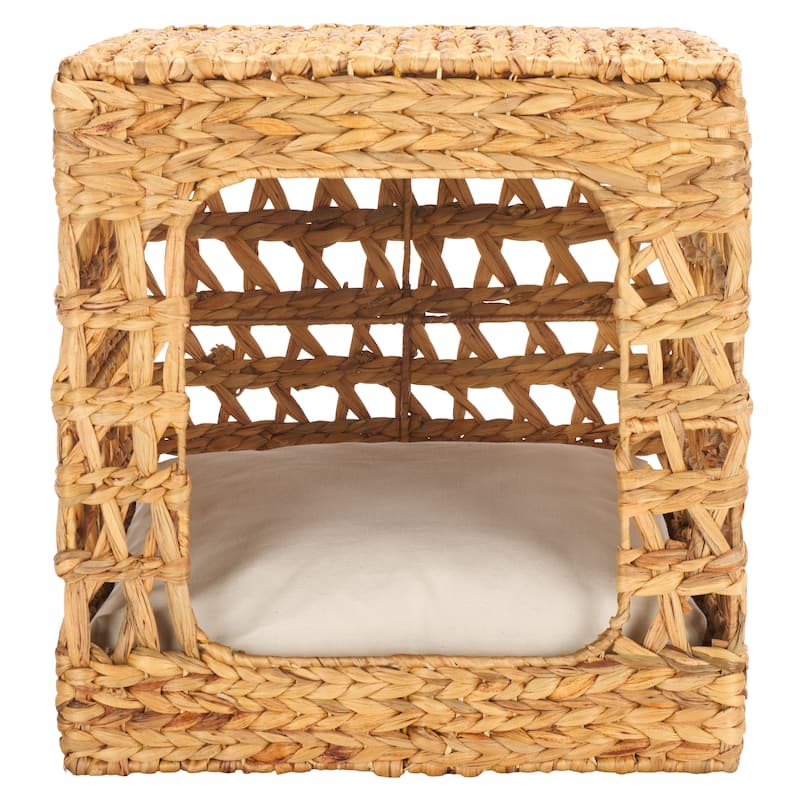 SAFAVIEH Home Ivie 15.7W x 15.7D x 16.5H-inch Beige/Natural Water Hyacinth Pet Bed with Cushion - 15.7"W x 15.7"D x 16.5"H