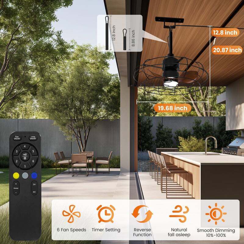 20 in. Outdoor Black Wet Rated Gazebo Ceiling Fan with Light, Hanging Fan for Pergola, Waterproof, Hook Installation