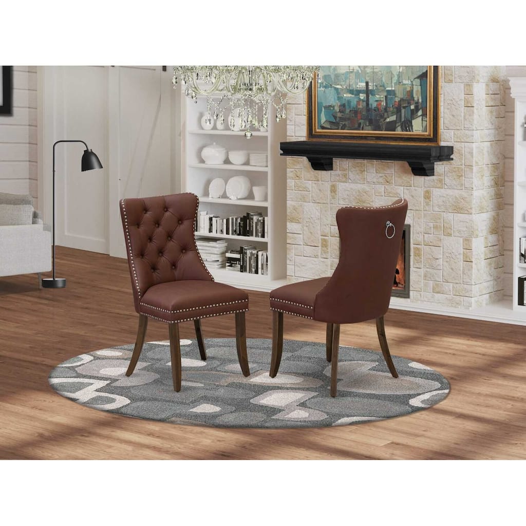 Parson Dining Chairs Set of 2 - Burgundy Faux Leather Upholstered Chairs with Nailhead Trim - Antique Walnut Finish